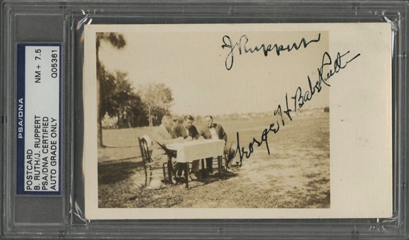 Babe Ruth and Jacob Ruppert Dual-Signed Real-Photo Postcard - PSA/DNA NM+ 7.5 